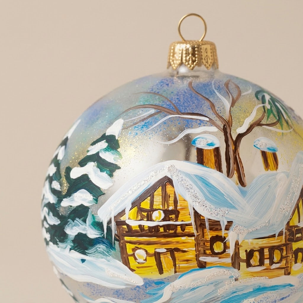 Dettaglio del decoro dipinto a pennello: chalet innevati con finestre illuminate