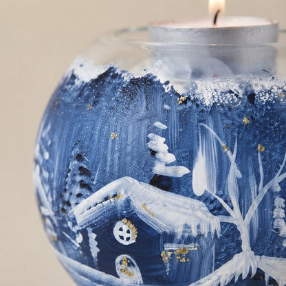Portacandele di Natale paesaggio notturno dipinto a mano: dettaglio della decorazione