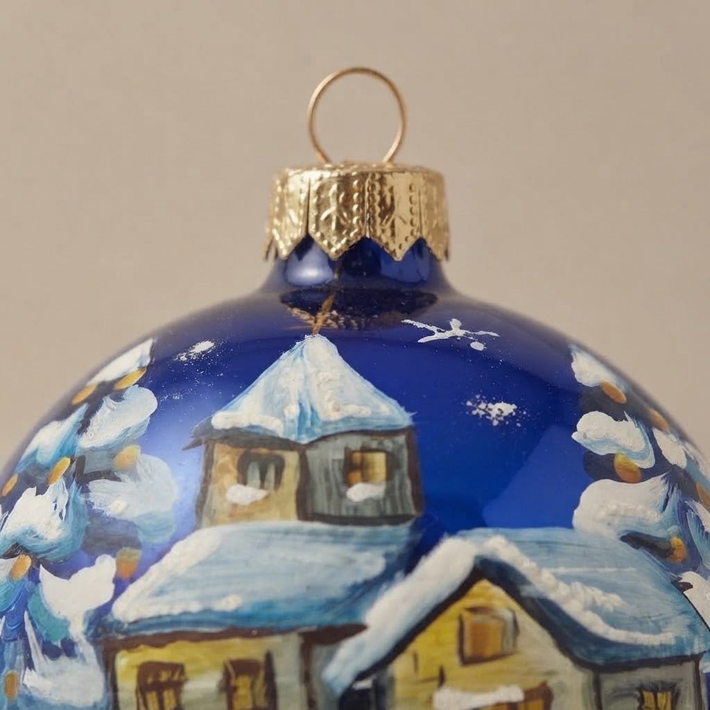 Dettaglio del decoro dipinto a pennello: casette innevate e fiume su fondo blu