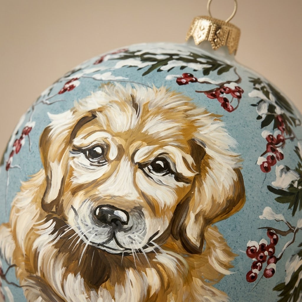 Brush-painted decoration detail: golden puppy with pinecones and berries