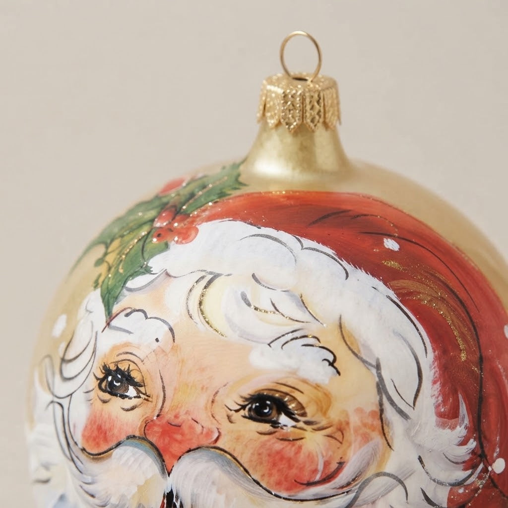 Dettaglio del decoro dipinto a pennello: volto di Babbo Natale su fondo oro chiaro