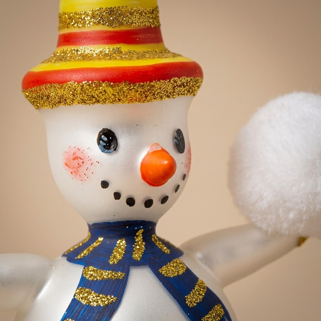 Snowman with snowball, hand-painted Christmas ornament: decoration detail
