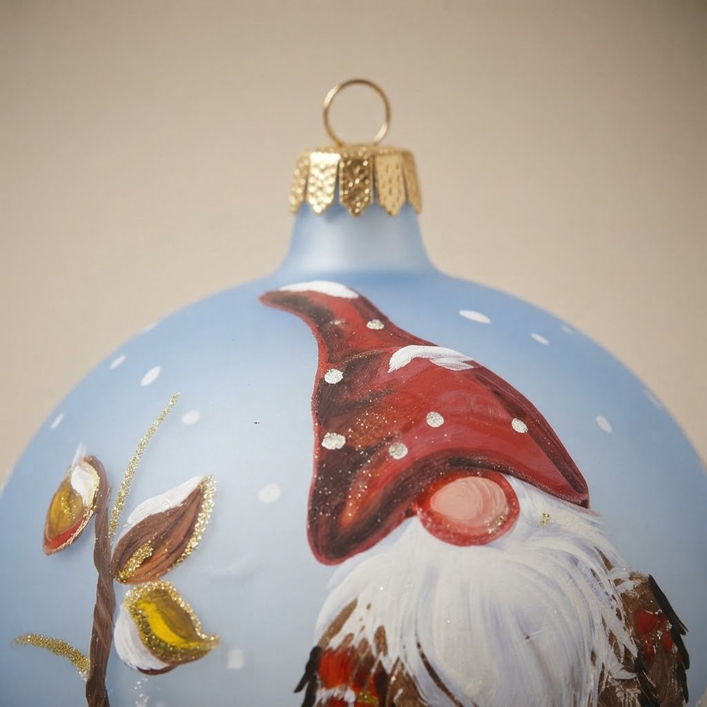 Dettaglio del decoro dipinto a pennello: gnomo con cappello rosso a pois su fondo azzurro