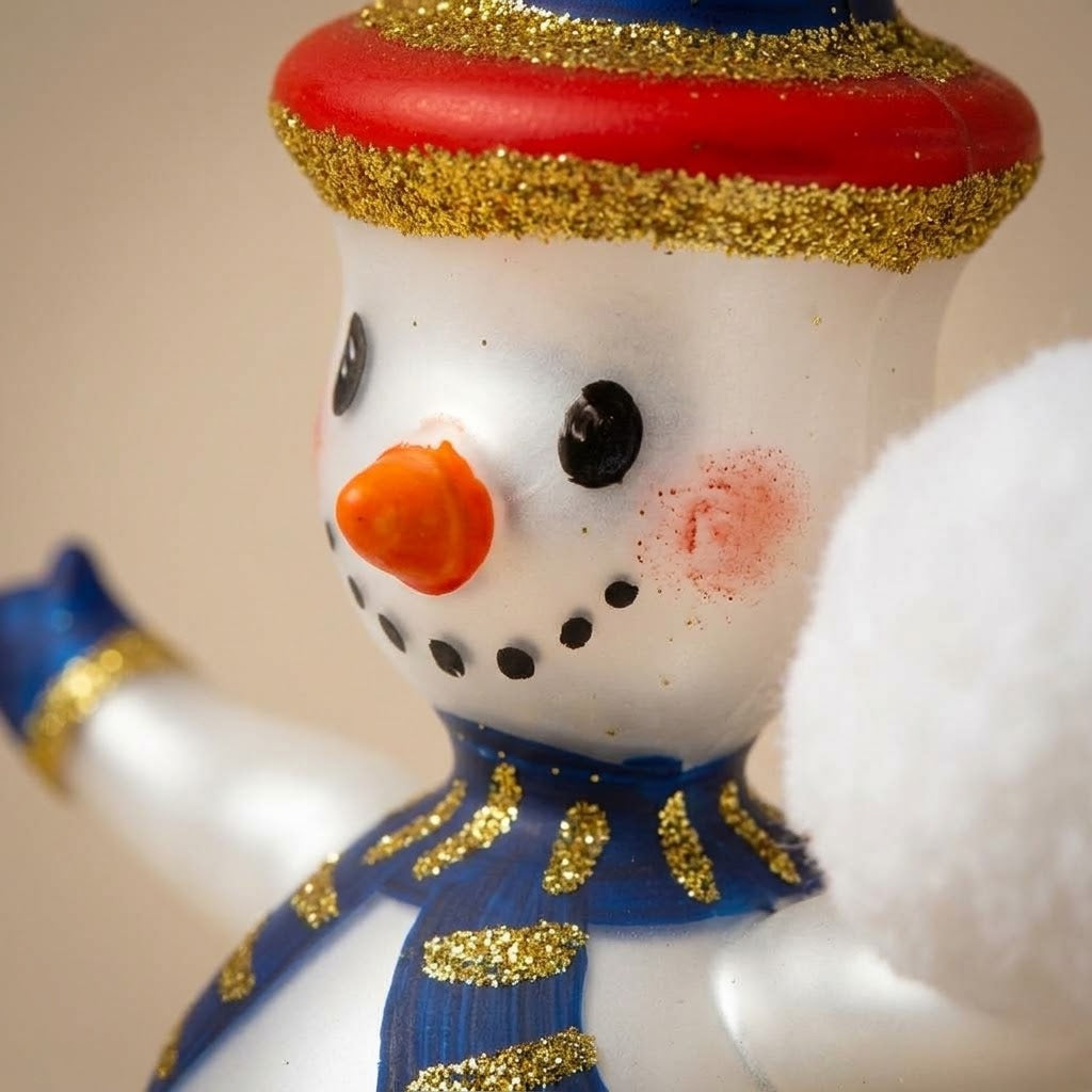 Snowman with snowball, hand-painted Christmas ornament: another view