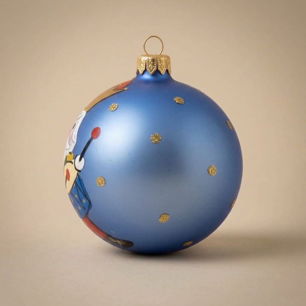 Nutcracker ball and drum on light blue