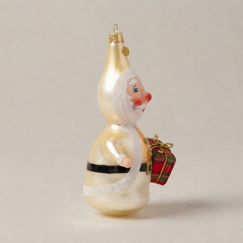 Babbo Natale oro con pacco regalo, decorazione di Natale dipinta a mano: un'altra vista