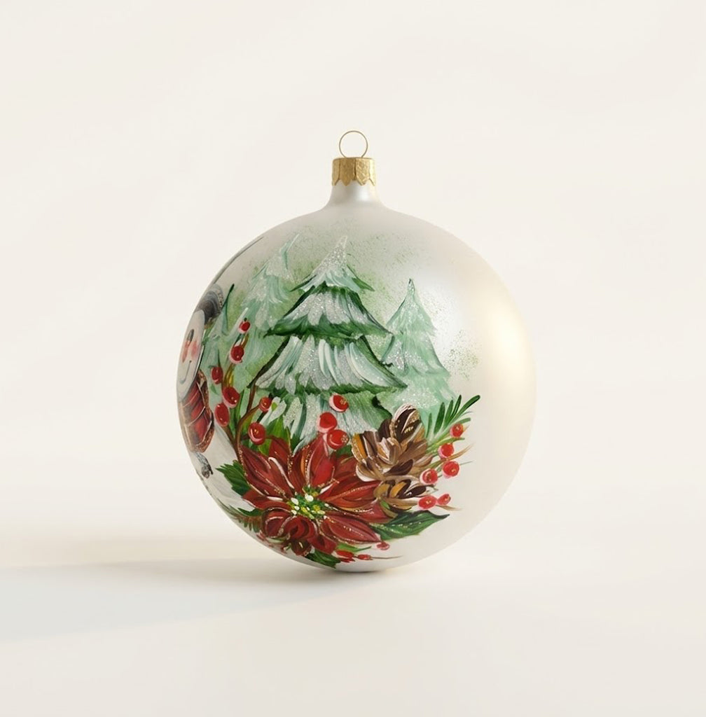 Sfera in vetro soffiato Ø 150 mm dipinta a mano con pupazzo di neve e decorazioni natalizie