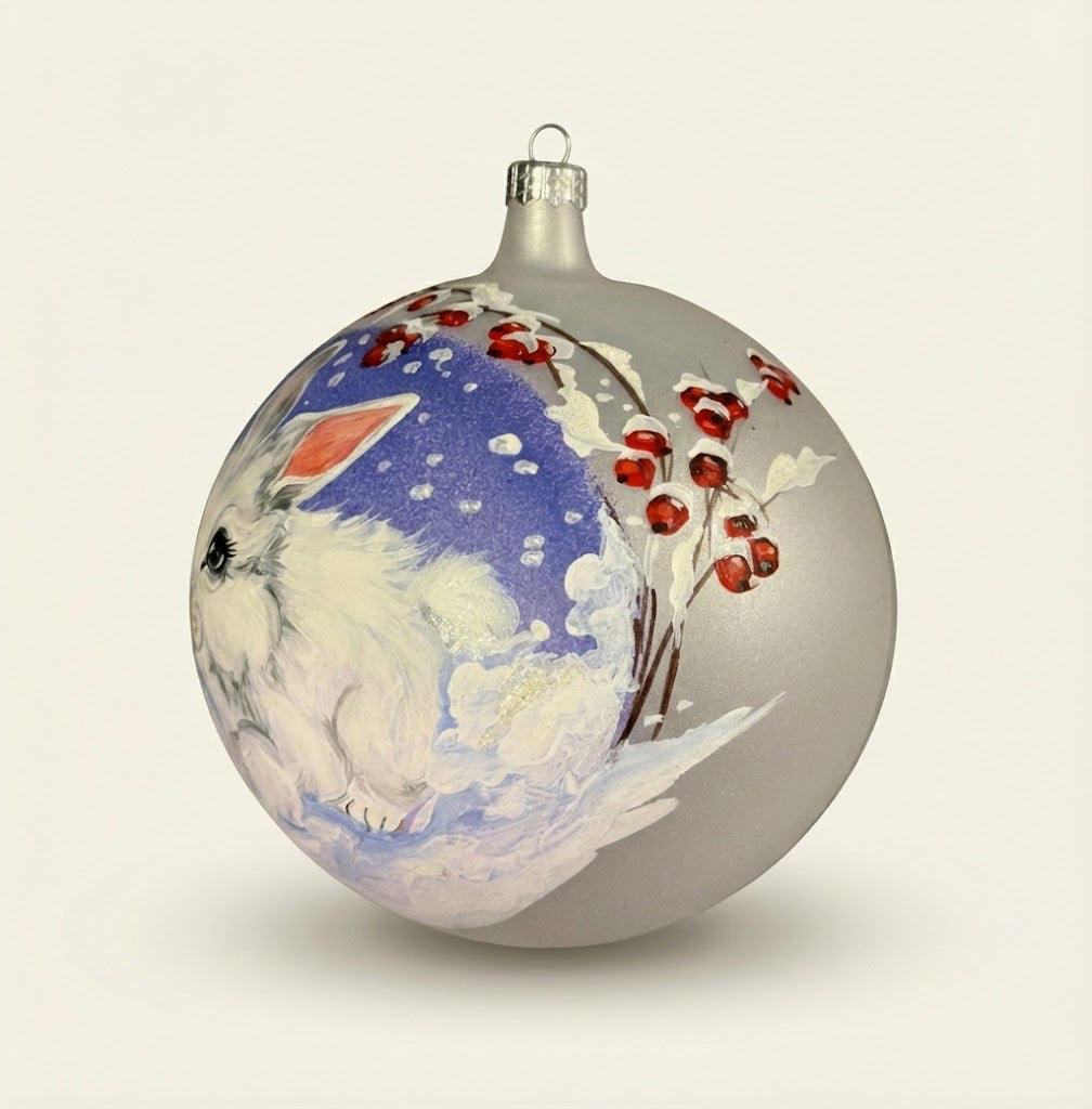 Sfera in vetro soffiato Ø 150 mm dipinta a mano con coniglietto nella neve e rami di bacche rosse
