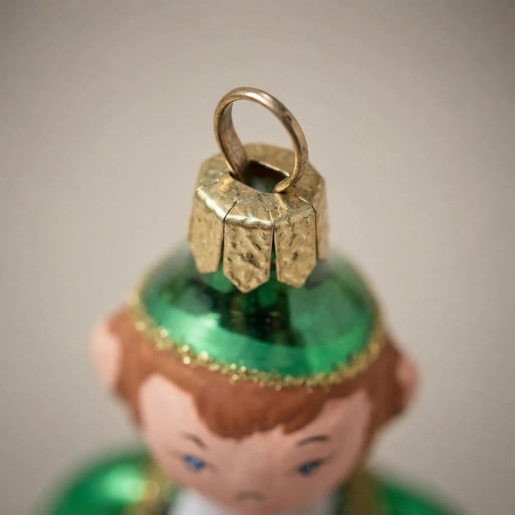 Green elf, hand-painted Christmas ornament: another view
