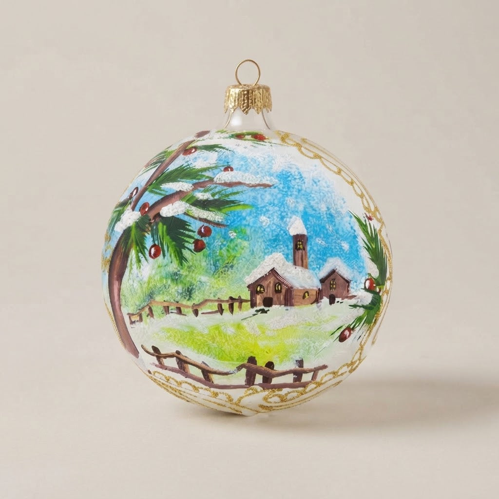 Hand-painted 4 in (10 cm) Christmas ornament: mountain chapel with meadow and snow