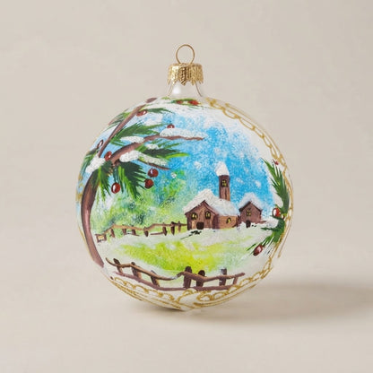 Hand-painted 4 in (10 cm) Christmas ornament: mountain chapel with meadow and snow