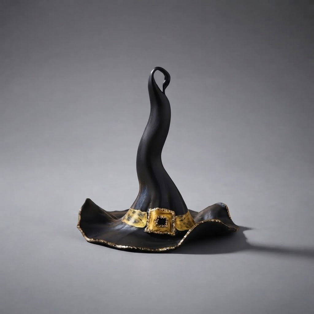 Cappello da strega di Halloween in vetro nero con fibbia oro, soffiato a bocca a Bellagio
