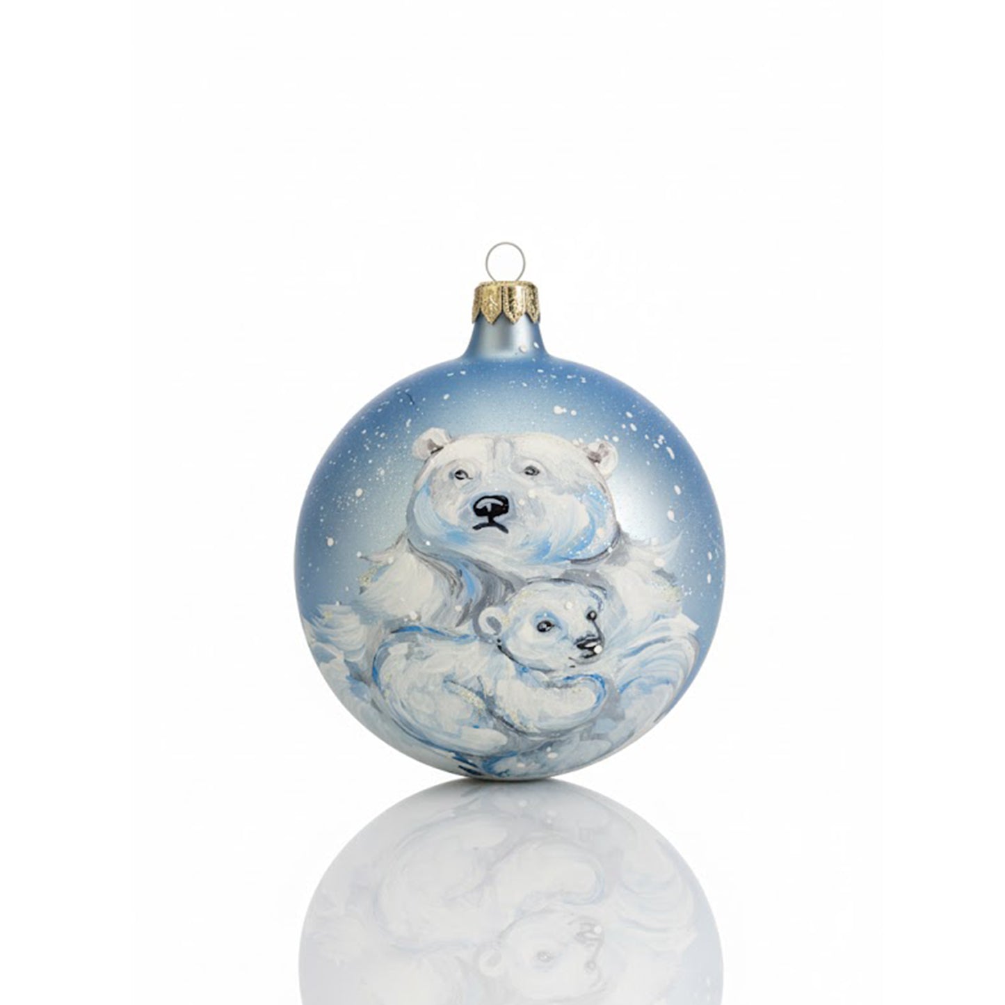 Hand-painted blown glass sphere Ø 100 mm with polar bears on an ice blue background