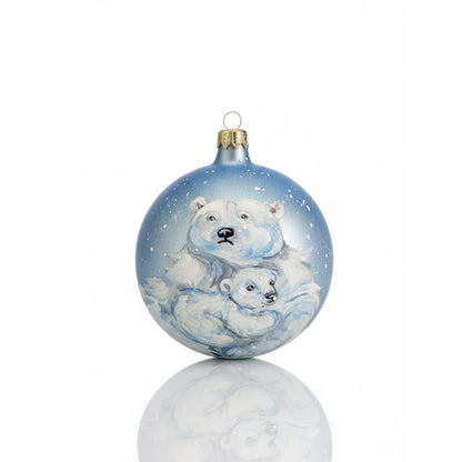 Hand-painted blown glass sphere Ø 100 mm with polar bears on an ice blue background