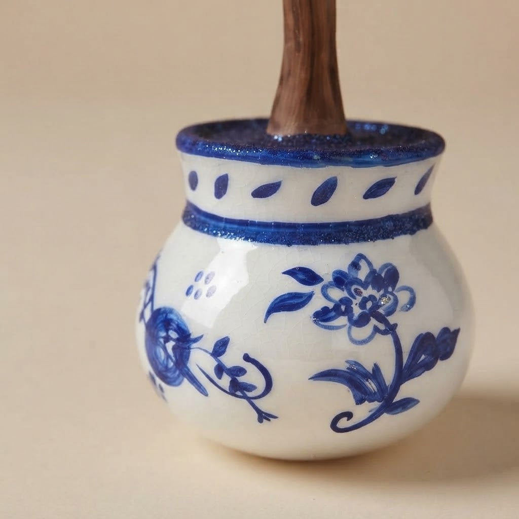 Close-up of the white pot with majolica-style blue flowers