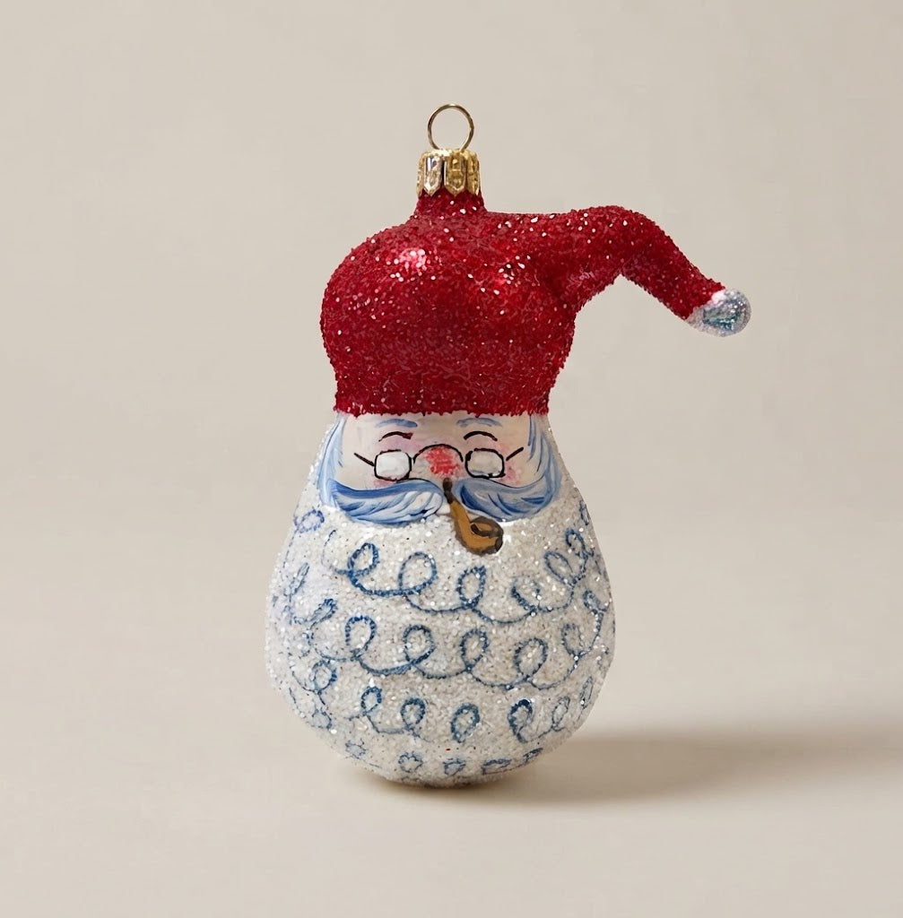 Glass Santa with red glitter hat, pipe and curly beard