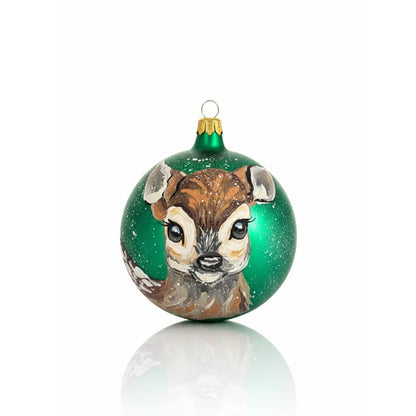 Hand-painted blown glass sphere Ø 100 mm with a deer on a bright green background