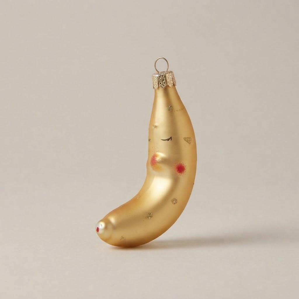 Gold mouth-blown glass banana with hand-painted face