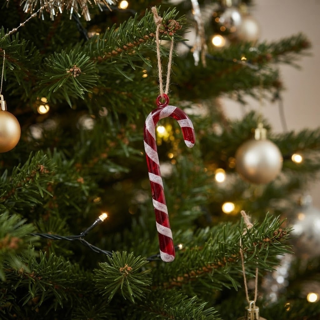 Bastoncino di zucchero rosso e bianco appeso all'albero di Natale