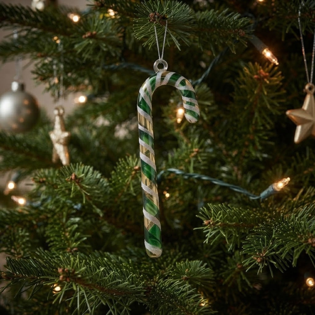 Bastoncino di zucchero verde appeso all'albero di Natale