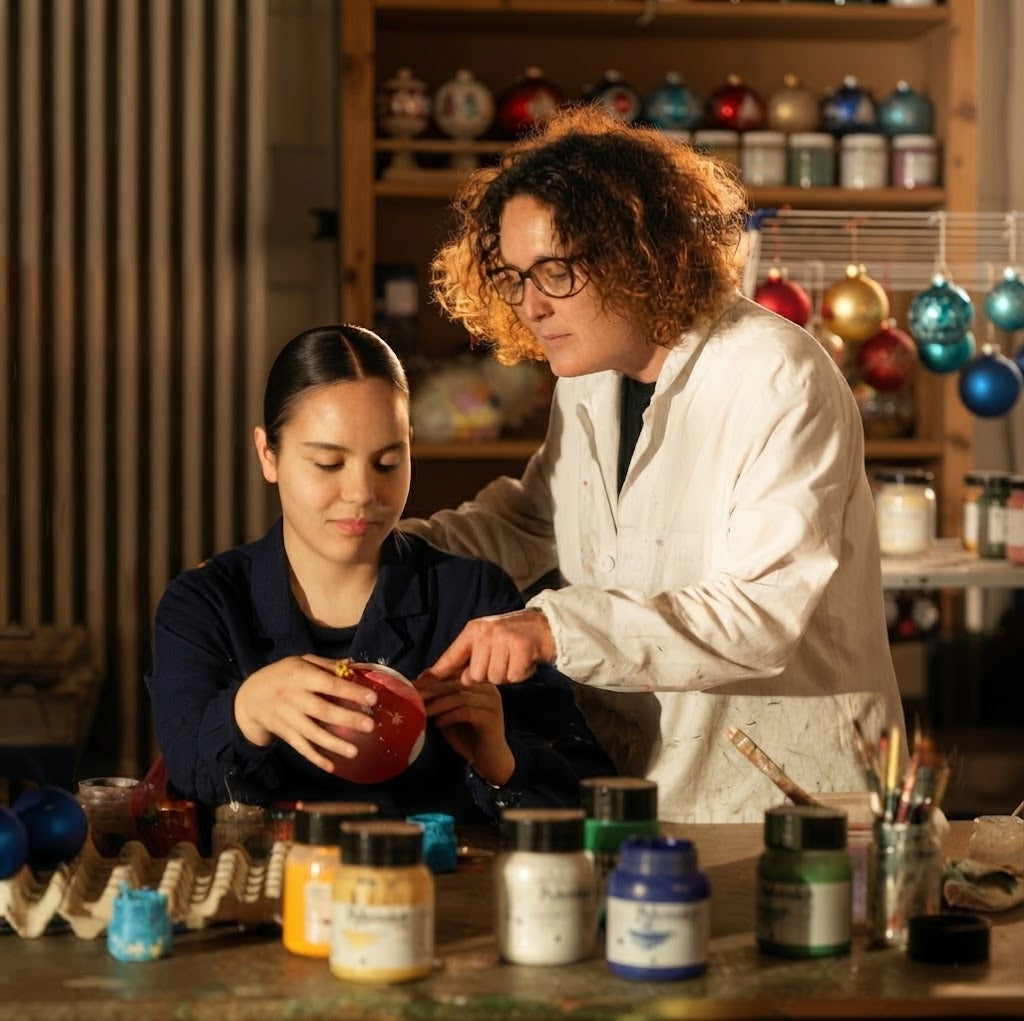 Maestra decoratrice che insegna a un'apprendista a dipingere una palla di vetro nel laboratorio di Bellagio