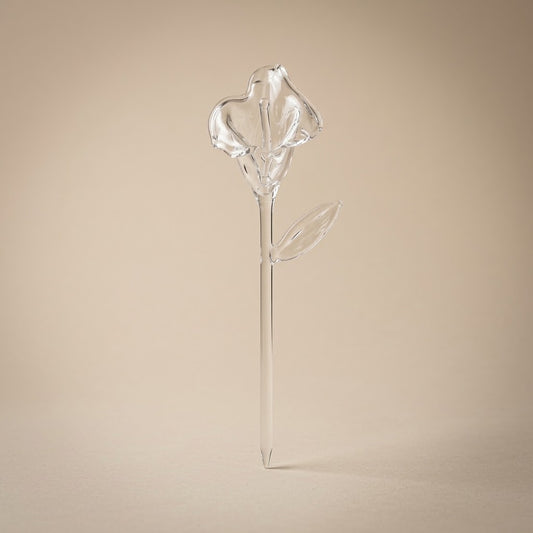 Clear glass calla lily with leaf and pointed stem, blown and shaped by hand in Bellagio
