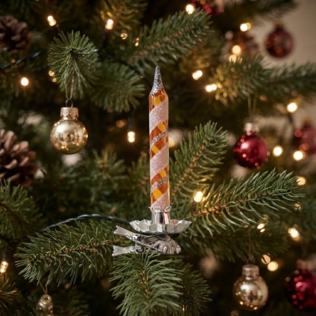 Candelina ambra e rosa agganciata ai rami dell'albero di Natale