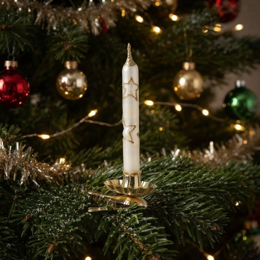 White and gold candle clipped onto Christmas tree branches