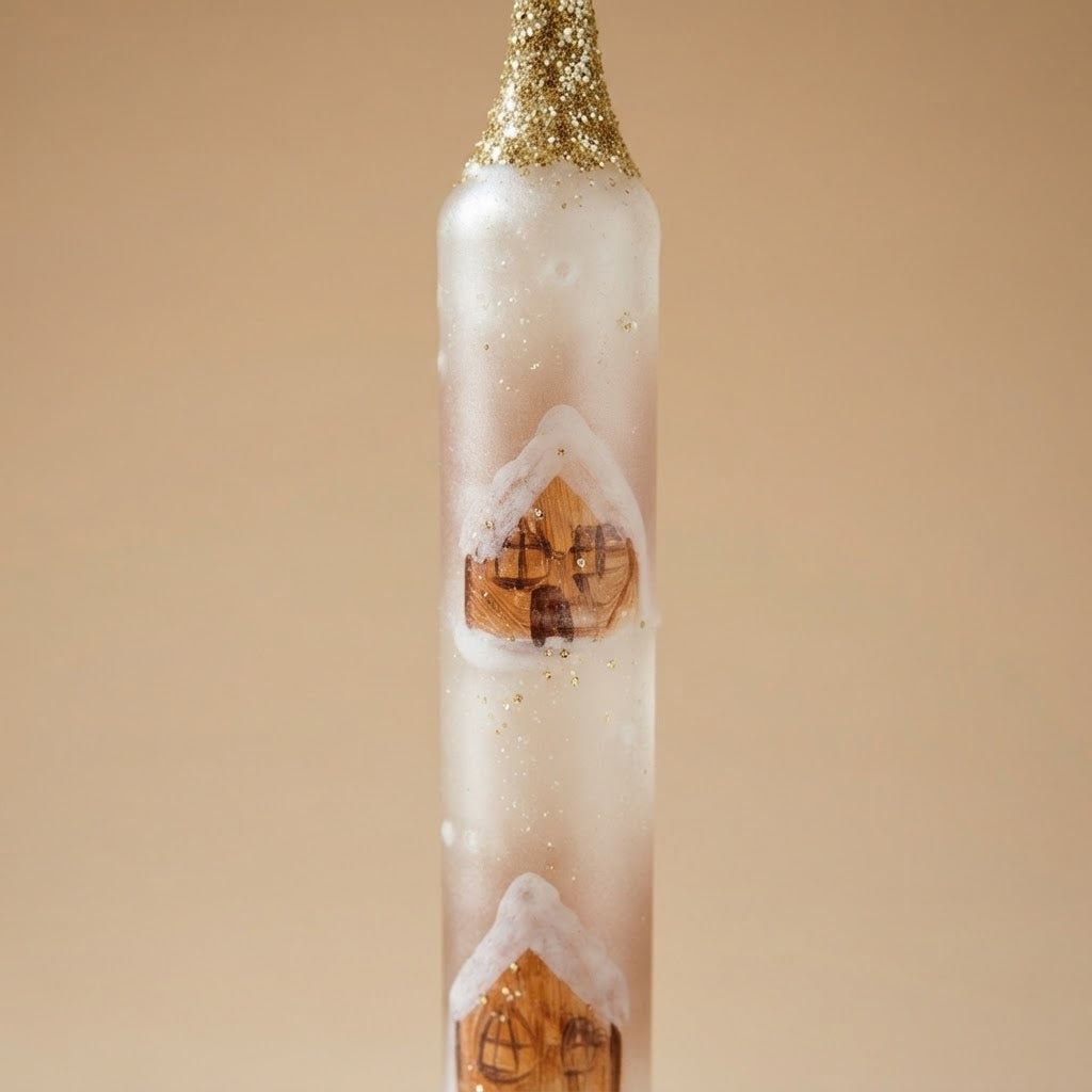 Clip-on candle ornament with snowy houses – decoration detail