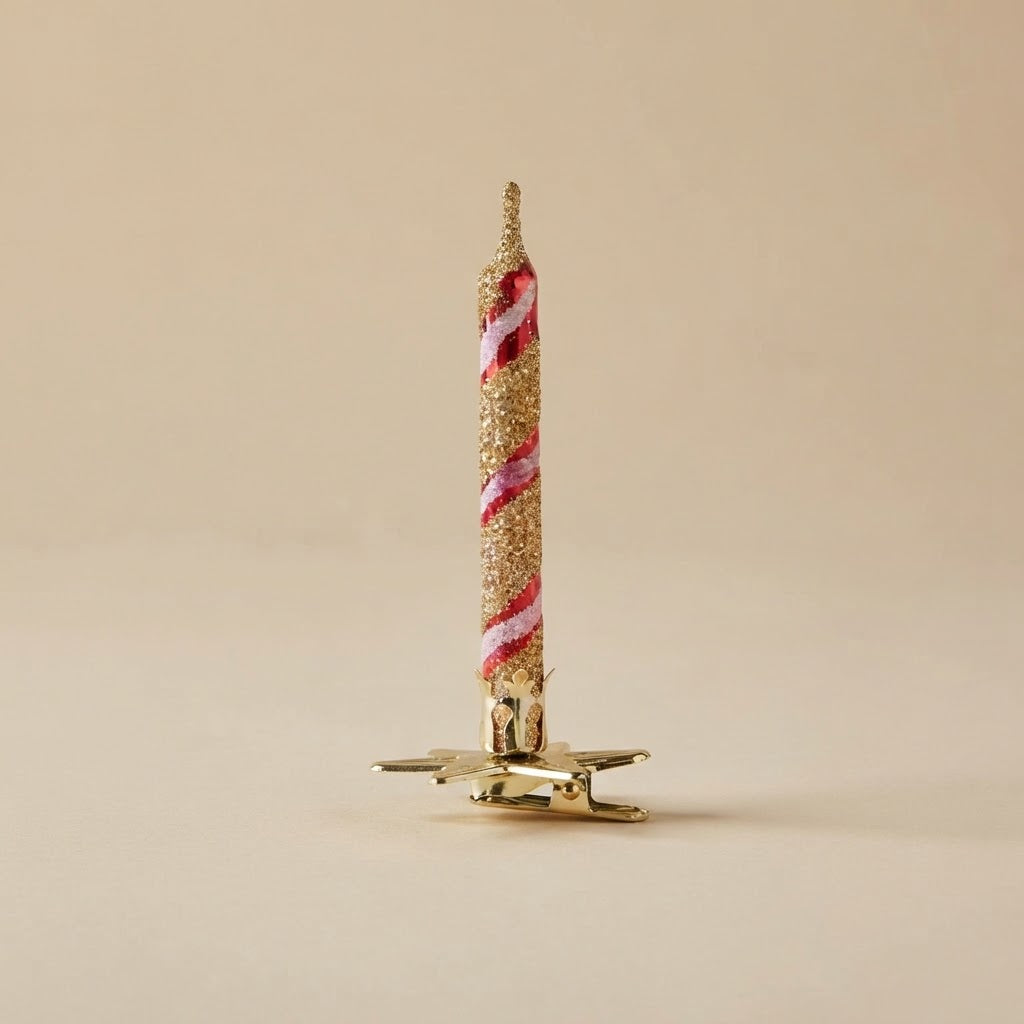 Gold clip-on candle ornament with red and white spiral – full view