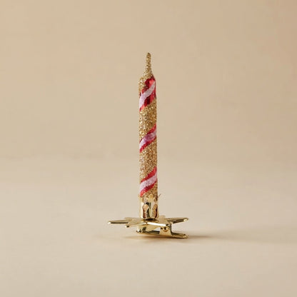 Gold clip-on candle ornament with red and white spiral – full view
