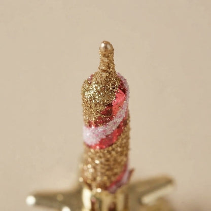 Gold clip-on candle ornament with red and white spiral – decoration detail