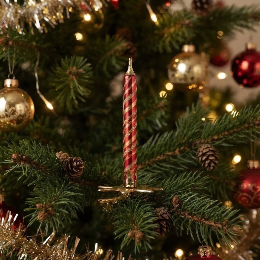 Candelina rossa e oro agganciata all'albero di Natale