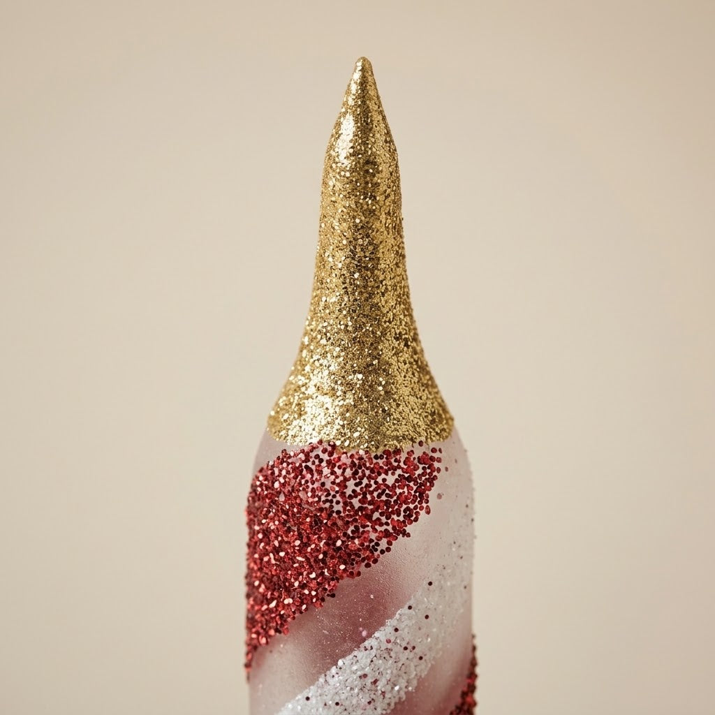 Dettaglio della punta in glitter oro della candelina rossa e bianca