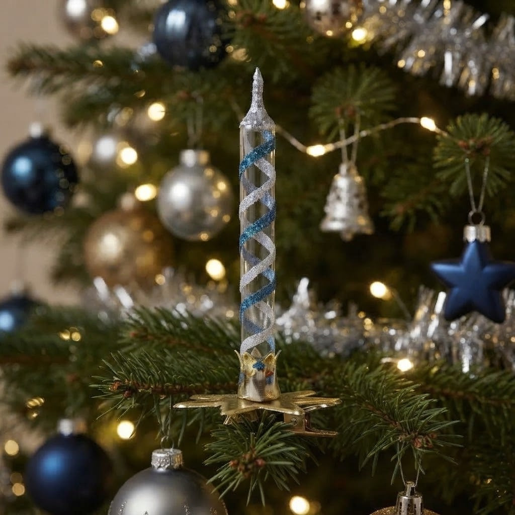 Candelina azzurra e argento agganciata all'albero di Natale