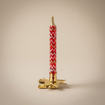 Candelina di Natale in vetro decorata a mano: rossa con zig zag bianco e clip dorata