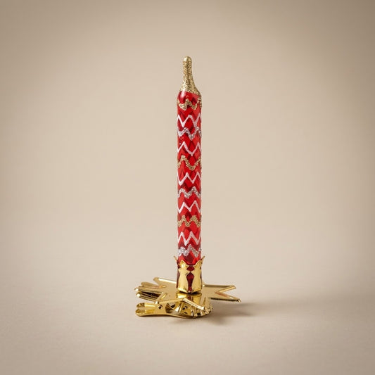 Candelina di Natale in vetro decorata a mano: rossa con zig zag bianco e clip dorata