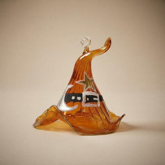 Amber glass witch hat hand-painted with a moon, a star and a buckled belt