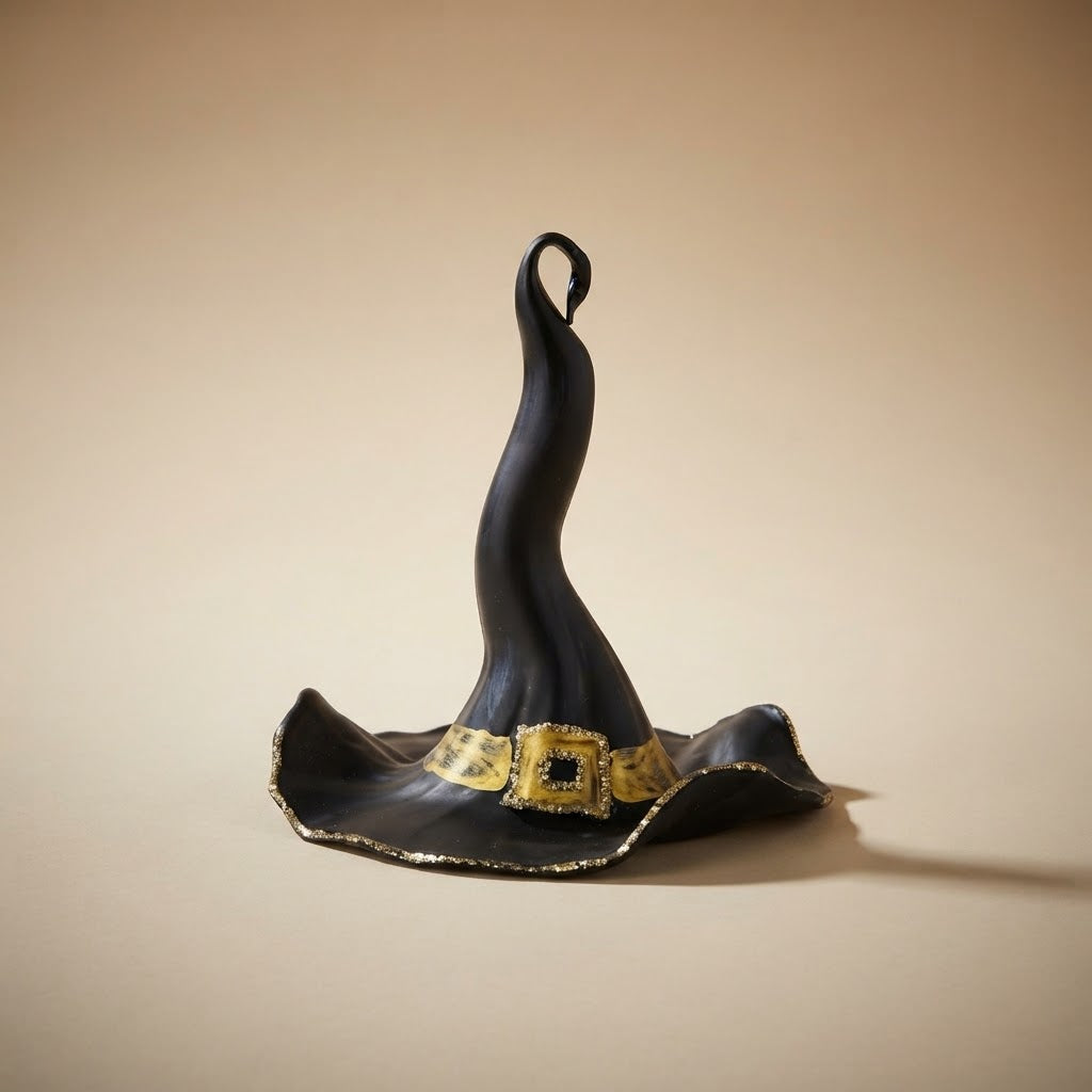 Cappello da strega in vetro nero opaco con nastro e fibbia oro