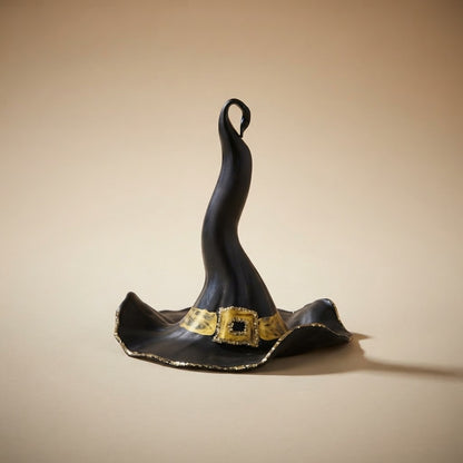 Cappello da strega in vetro nero opaco con nastro e fibbia oro