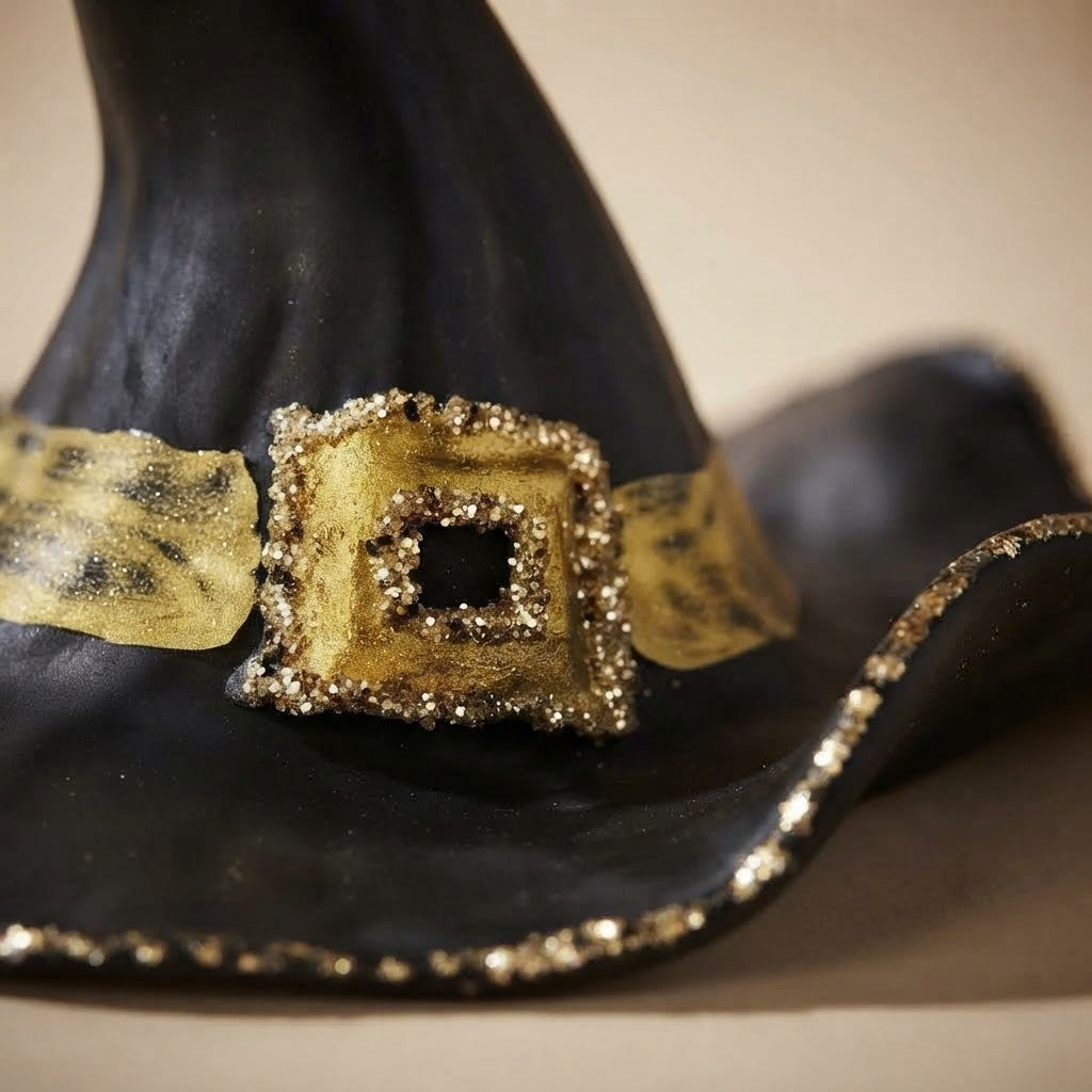 Dettaglio della fibbia in glitter oro sul cappello da strega nero