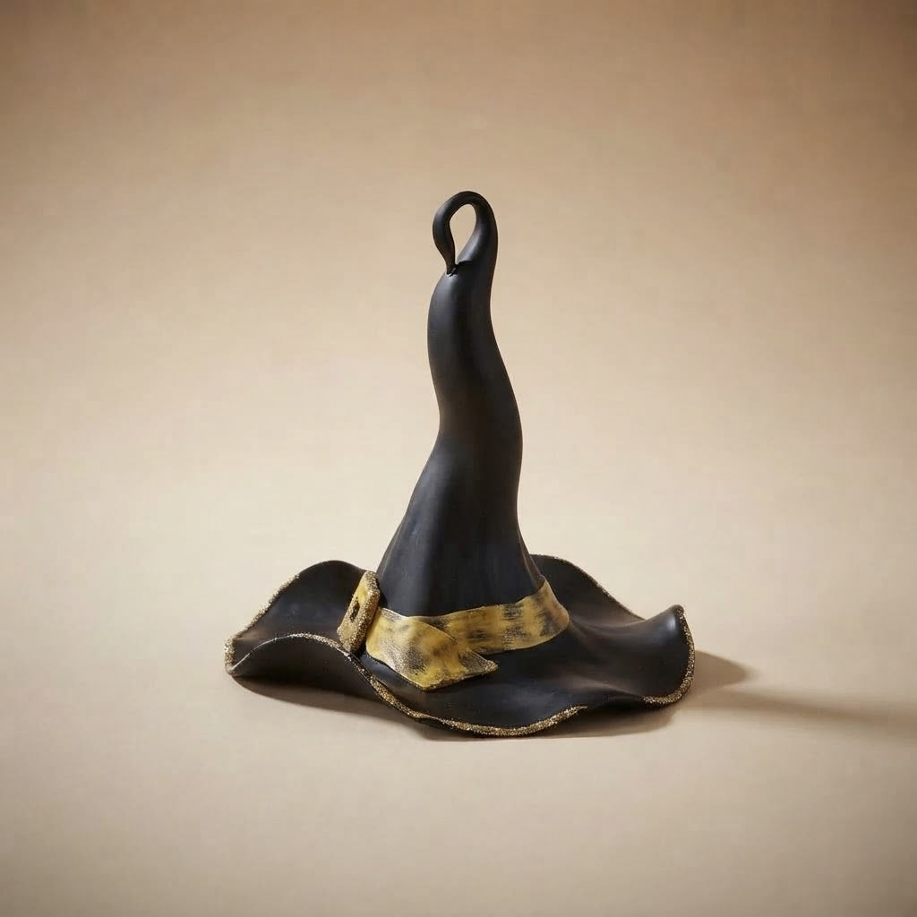 Cappello da strega nero visto di lato, con falda ondulata bordata di glitter oro