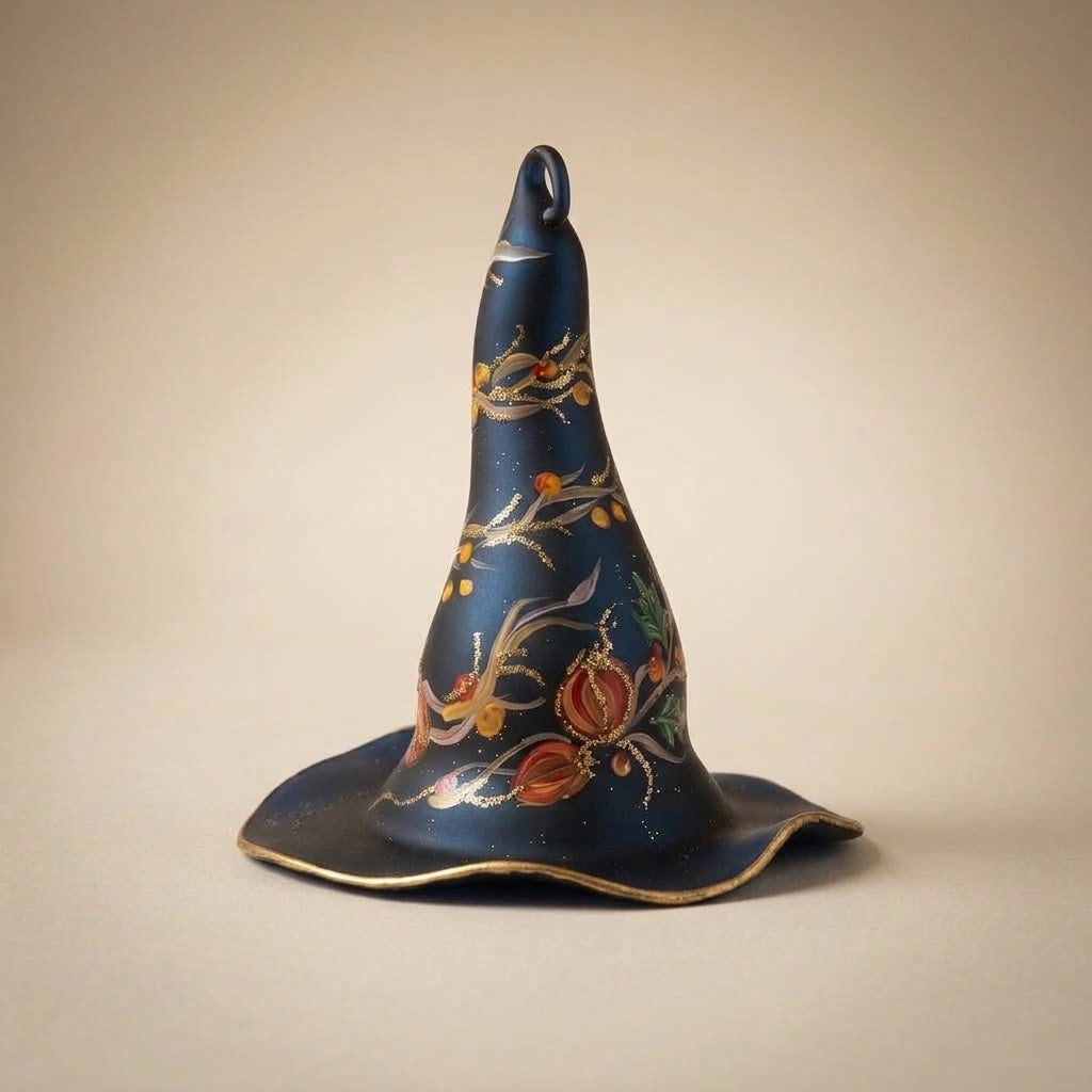 Black witch hat with pumpkins, leaves and gold glitter