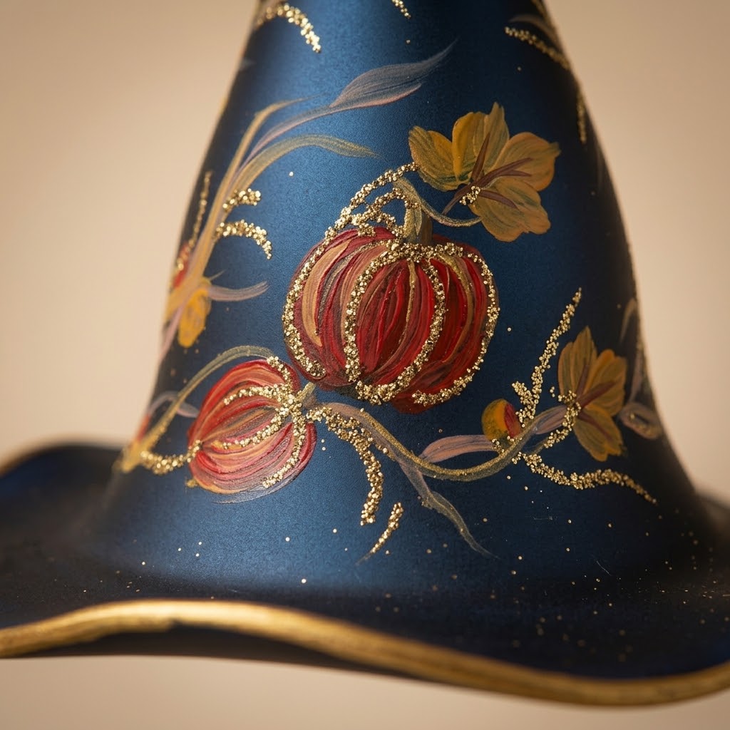 Detail of the hand-painted pumpkins on the witch hat