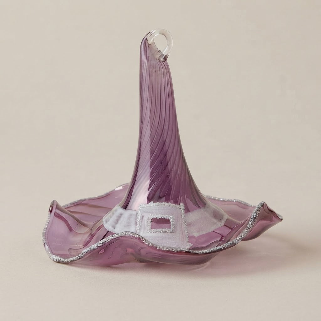 Cappello da strega in vetro viola chiaro con nastro e fibbia bianchi