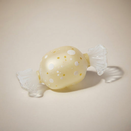 Caramella in vetro avorio a pois bianchi e oro