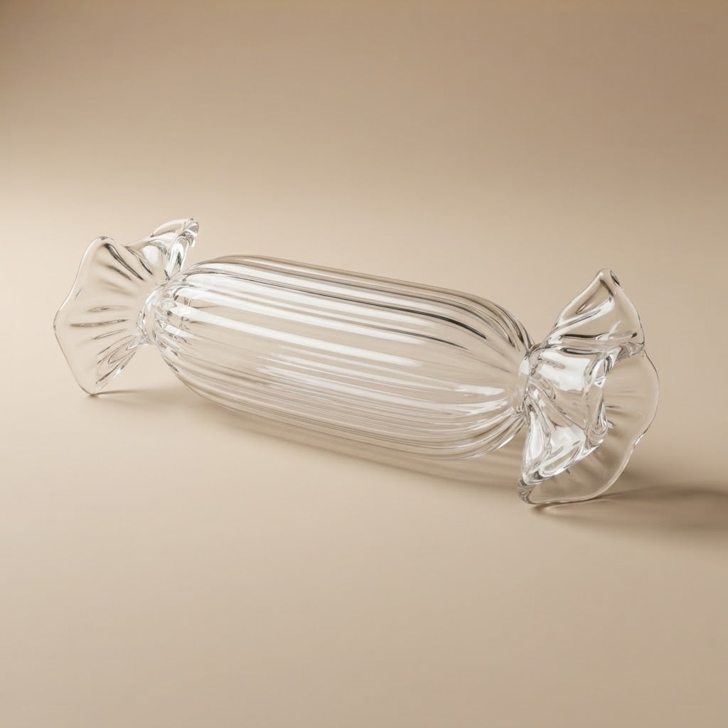 Long clear ribbed glass candy – full view