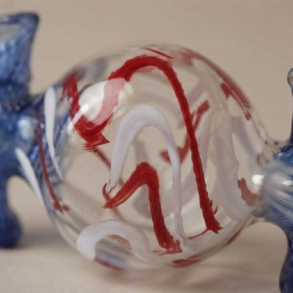 Decoration detail: Clear candy with red stripes and a blue wrapper