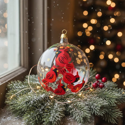 Blown glass sphere Ø 100 mm hand-painted with cardinals on clear glass