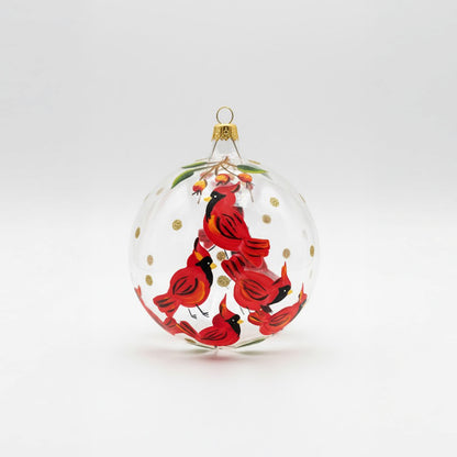 Blown glass sphere Ø 100 mm hand-painted with cardinals on clear glass